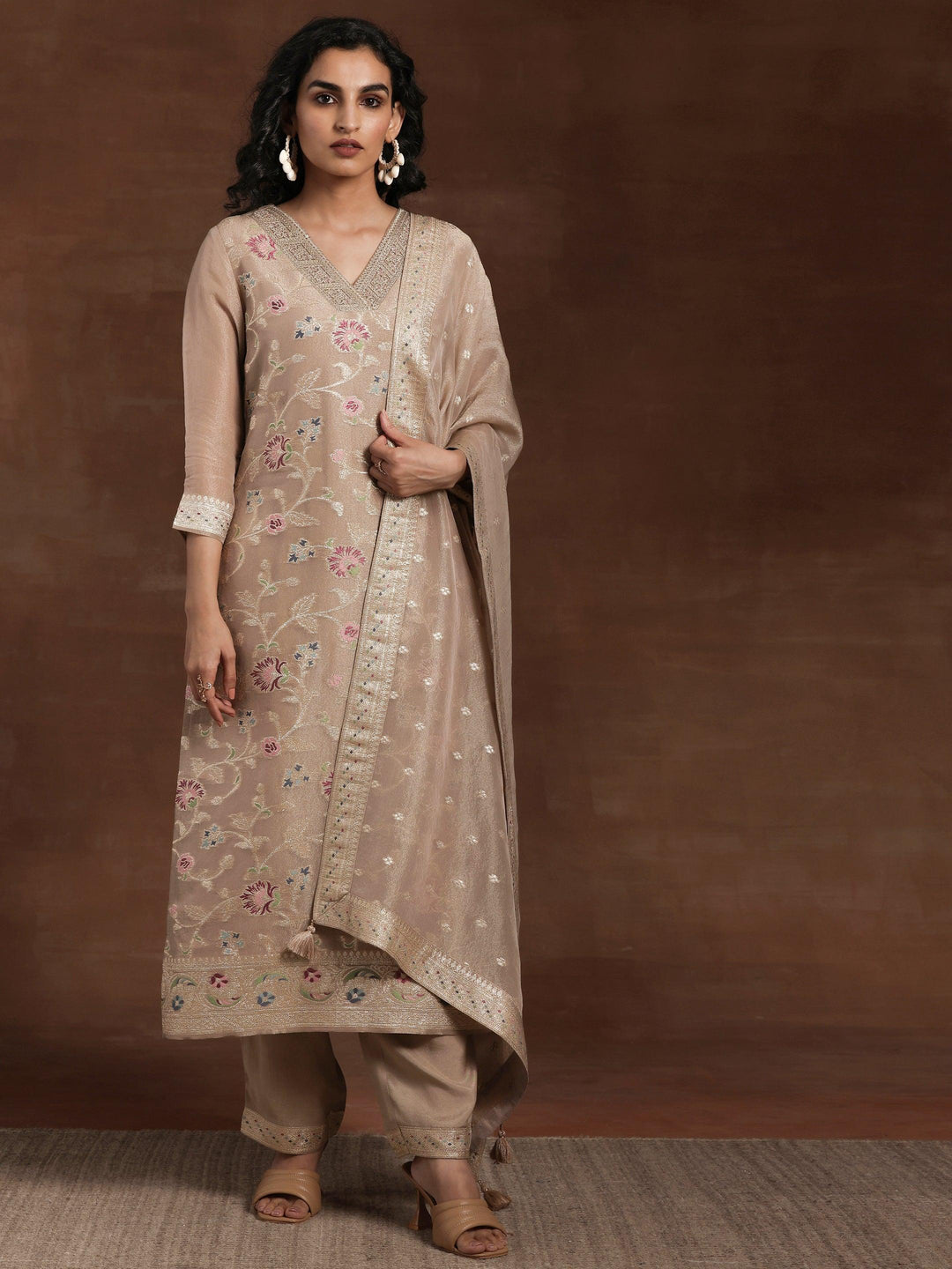 Brown Woven Design Chanderi Silk Straight Suit With Dupatta - Libas 