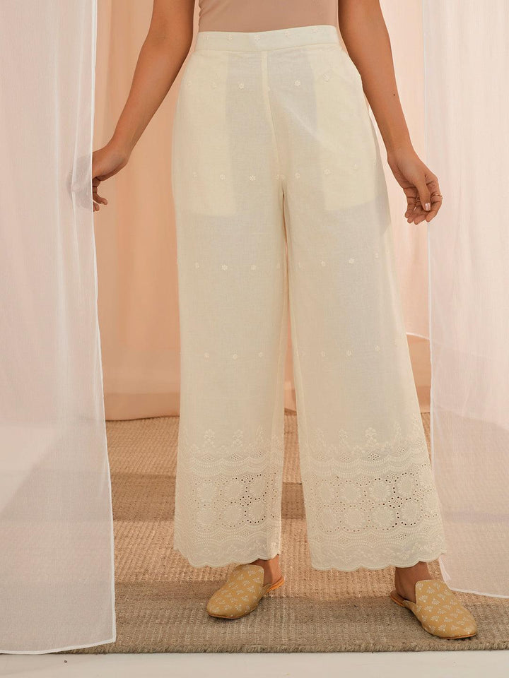 Off White Embroidered Cotton Wide Leg Palazzos - Libas