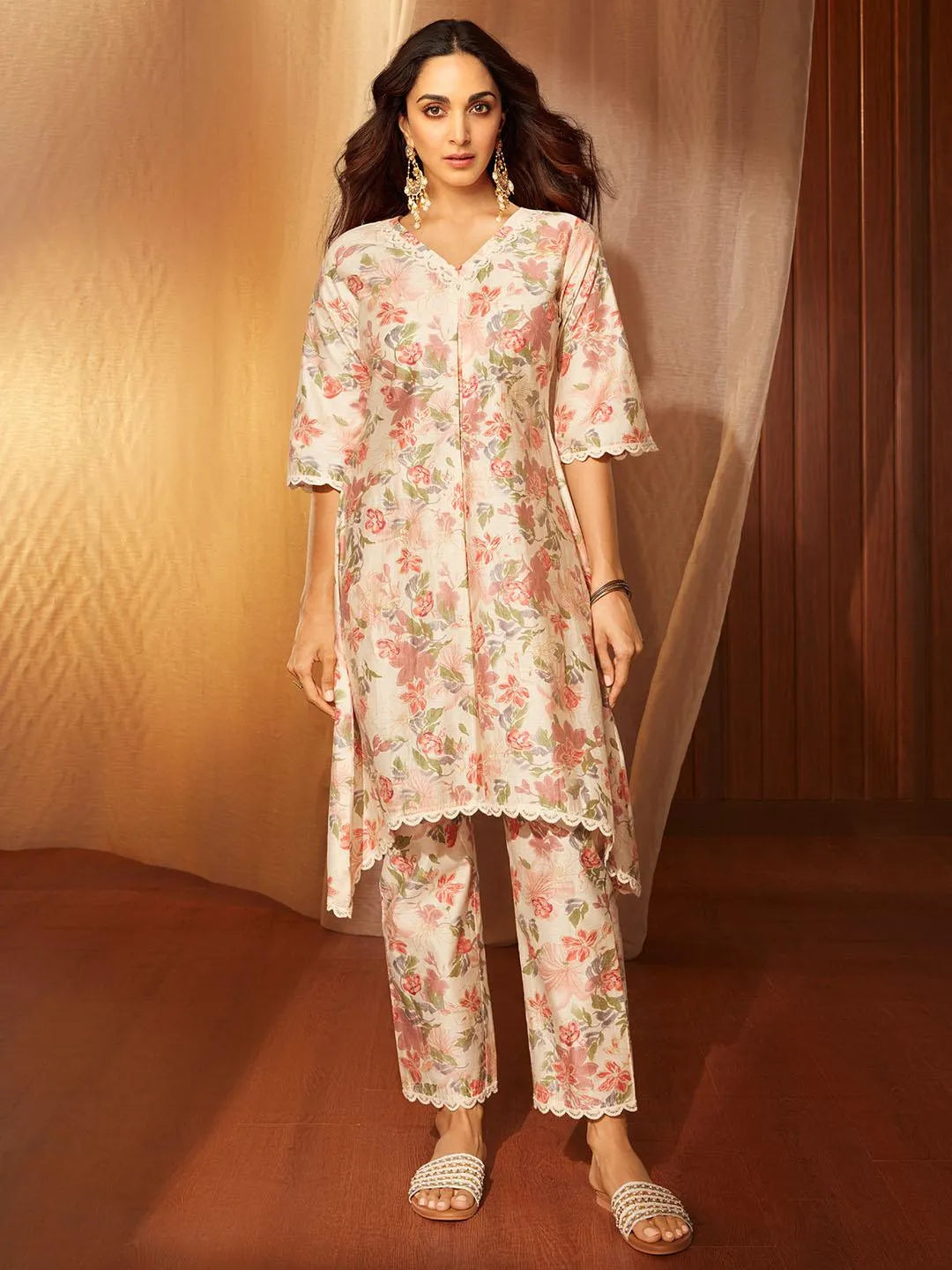 Khwaab Beige Printed Chanderi Silk A-Line Kurta With Trousers - Libas