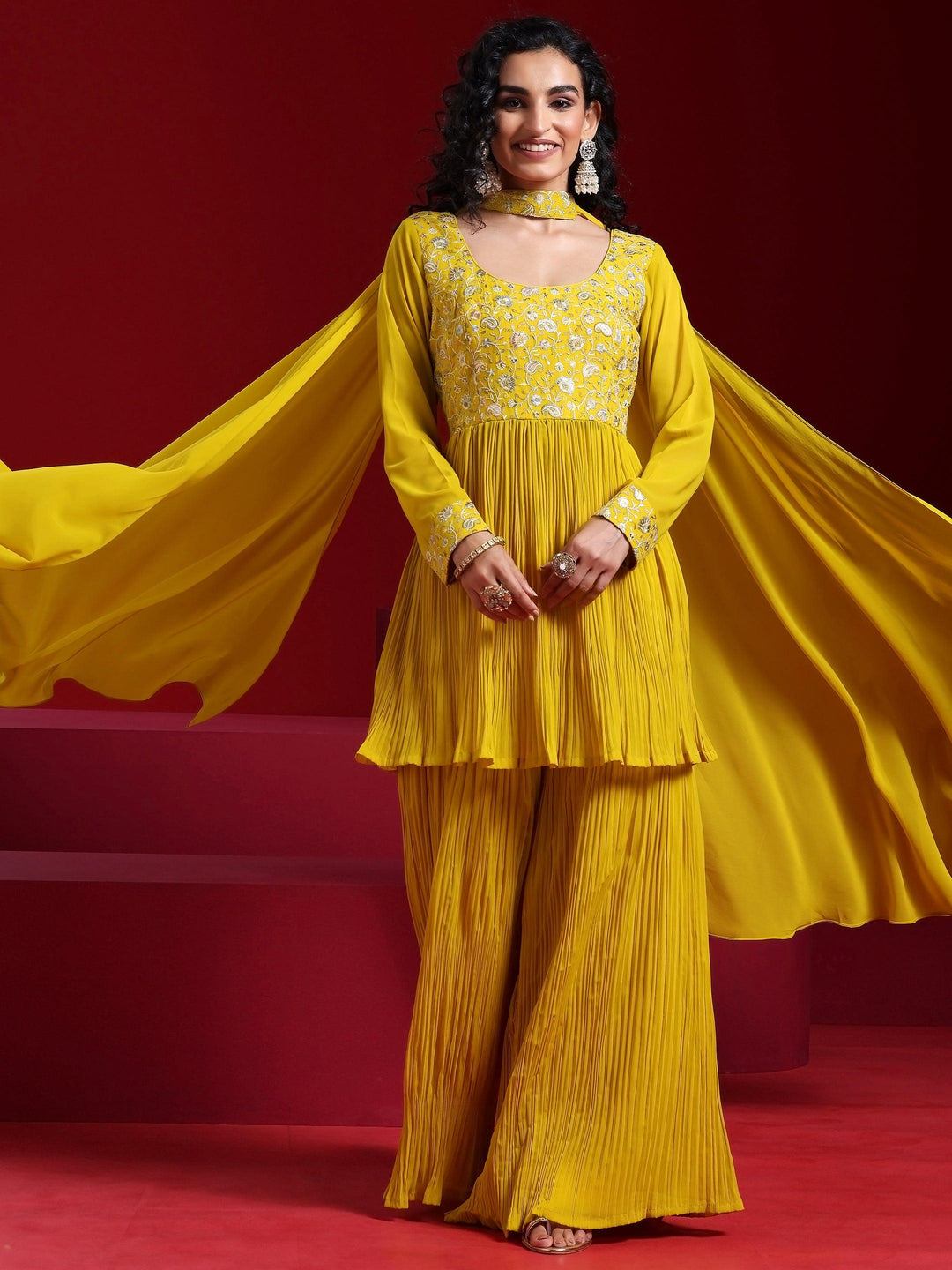 Libas Art Mustard Embroidered Georgette A-Line Kurta With Sharara & Dupatta - Libas