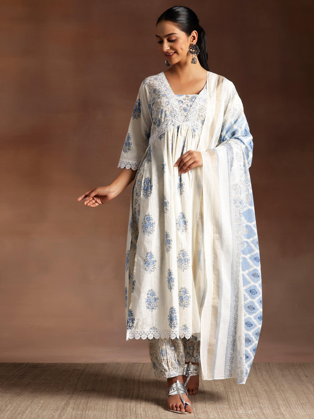 Gauhar White Printed Cotton A-Line Kurta With Salwar & Dupatta - Libas 