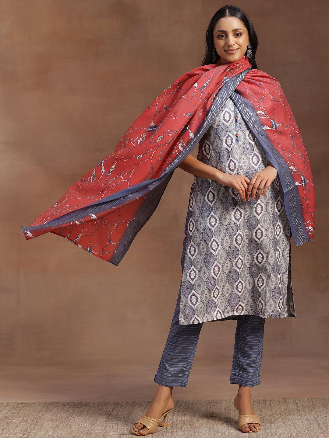 Grey Printed Silk Blend Straight Suit With Dupatta - Libas 