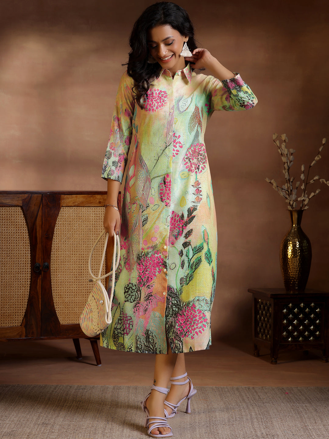  Multi Printed Cotton Blend Shirt Dress 