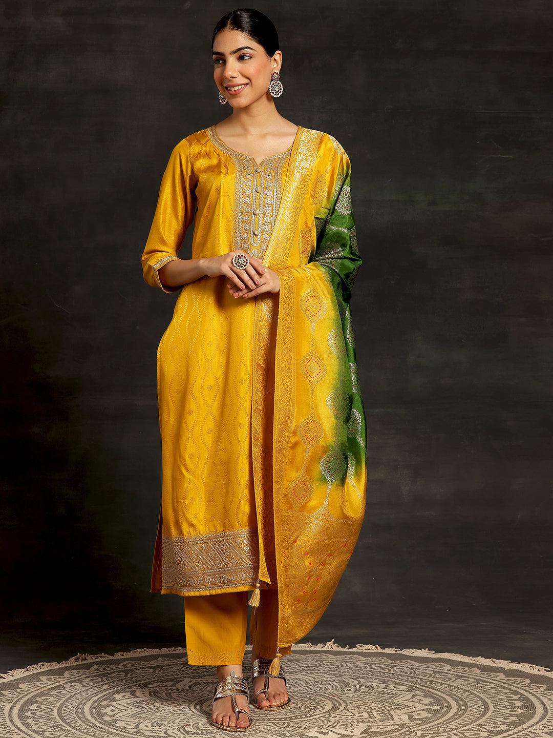 Mustard Woven Design Silk Blend Straight Suit With Dupatta - Libas 