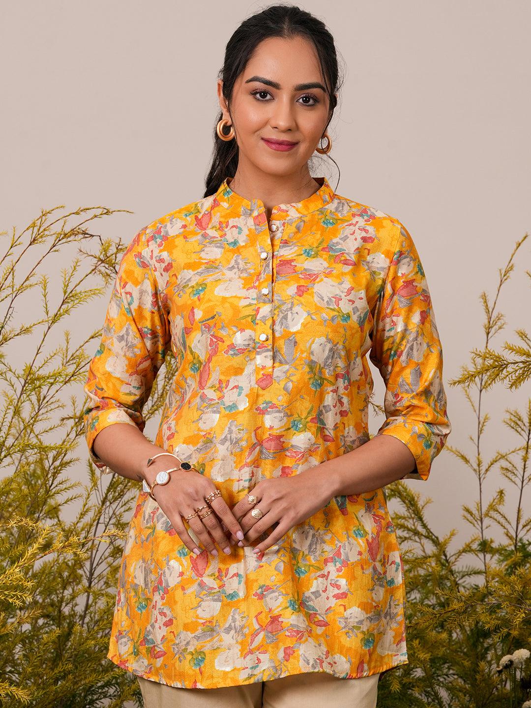 Yellow Printed Silk Blend A-Line Kurti - Libas