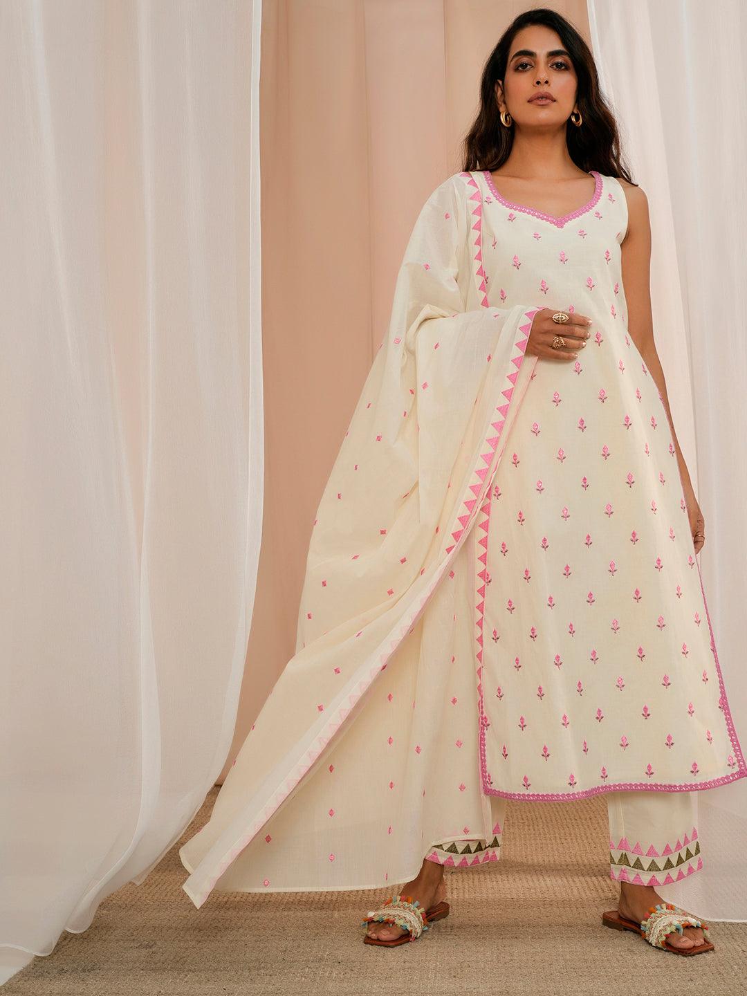 Off White Embroidered Cotton Straight Suit With Dupatta - Libas