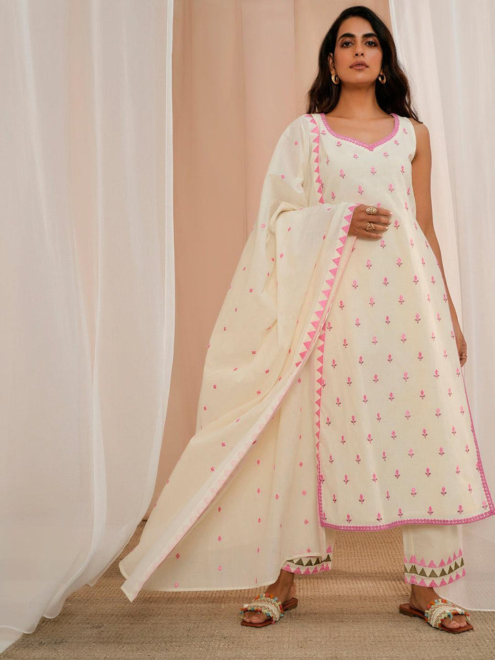 Off White Embroidered Cotton Straight Suit With Dupatta - Libas