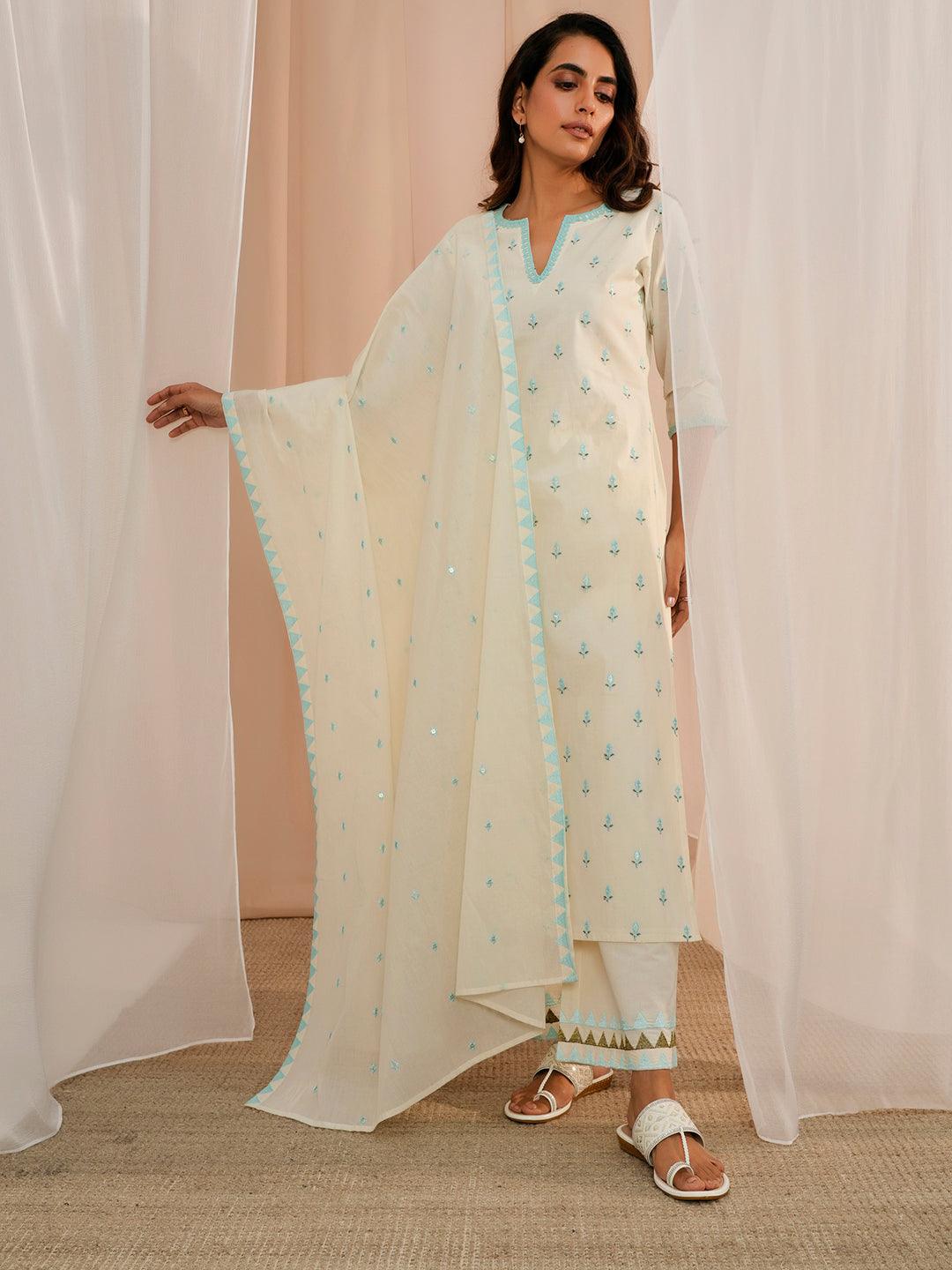 Off White Embroidered Cotton Straight Suit With Dupatta - Libas