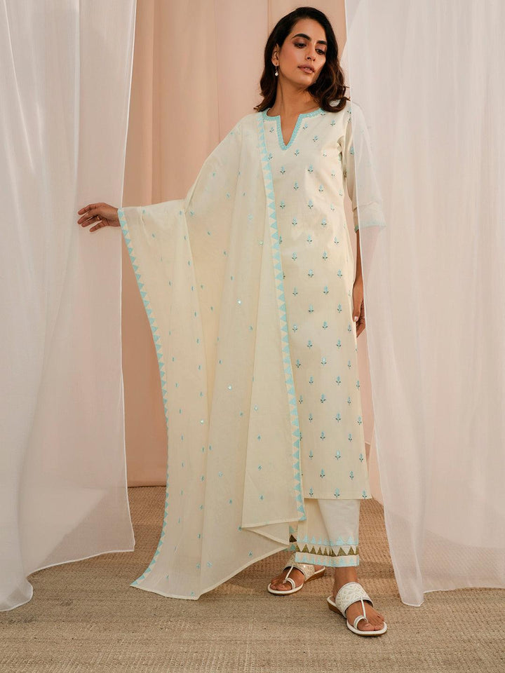 Off White Embroidered Cotton Straight Suit With Dupatta - Libas