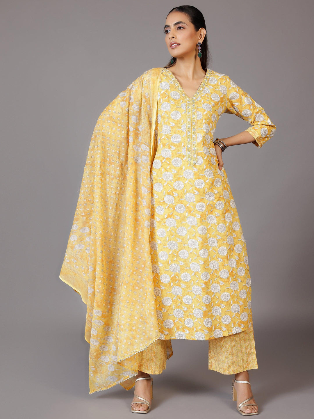 Yellow Printed Cotton Straight Suit With Dupatta - Libas 