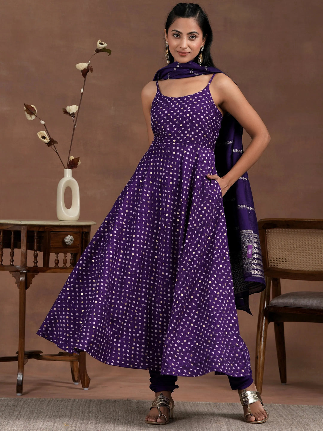  Purple Printed Silk Blend Anarkali Suit With Dupatta 