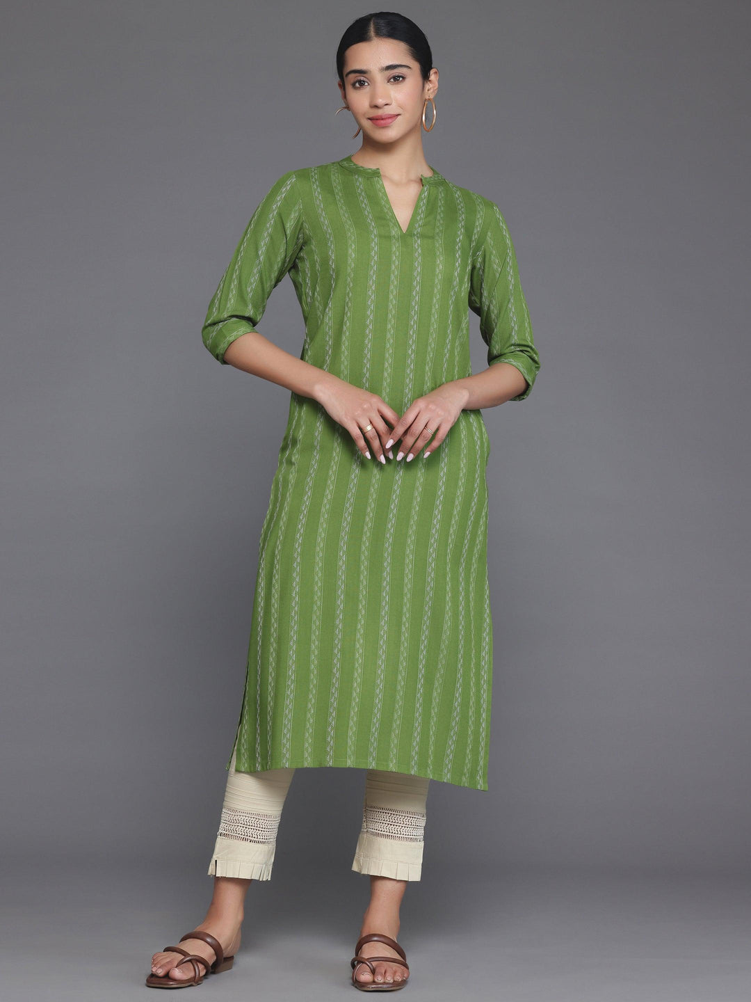 Green Striped Rayon Straight Kurta - Libas 