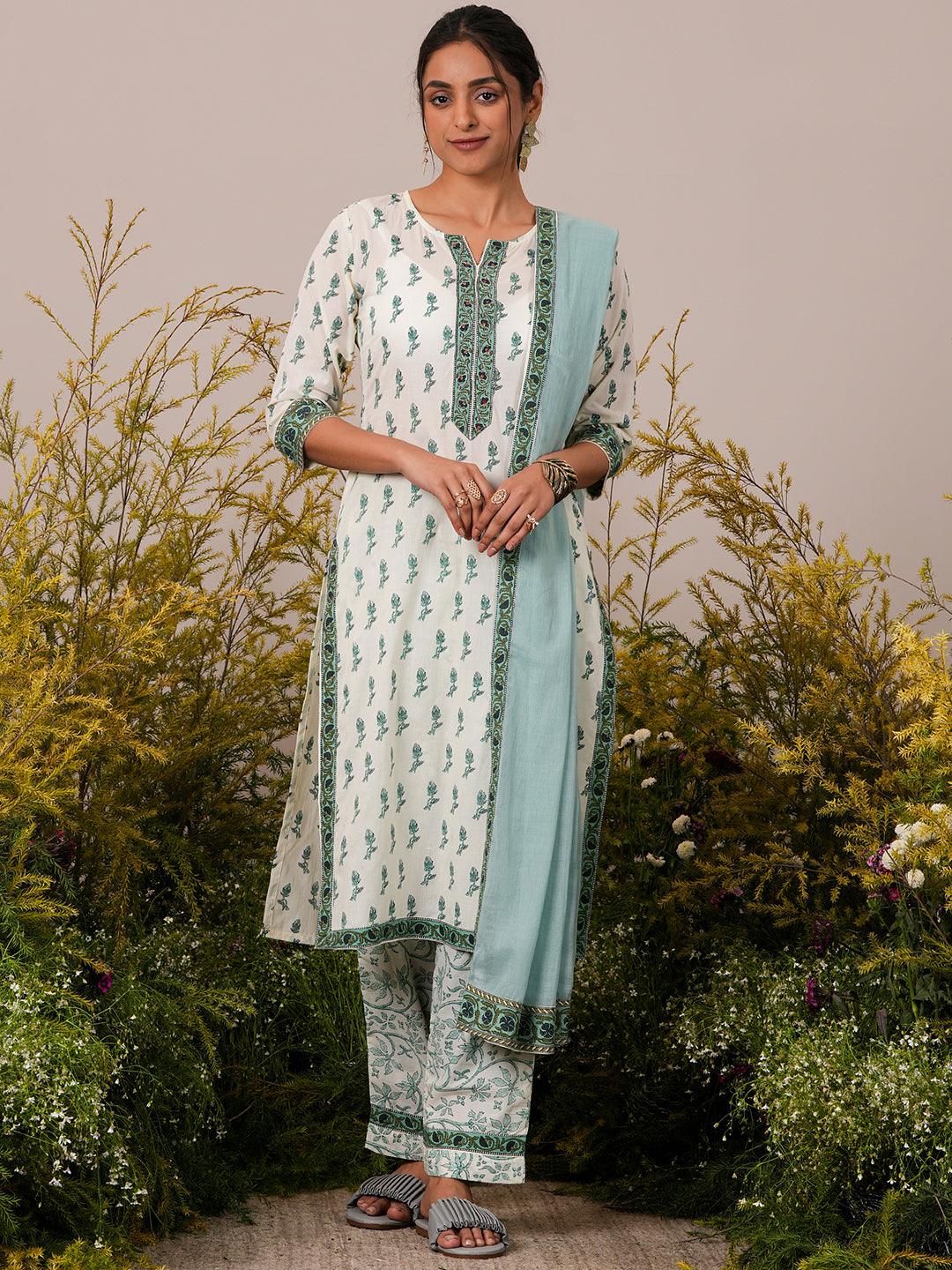 Off White Printed Cotton Straight Suit With Dupatta - Libas