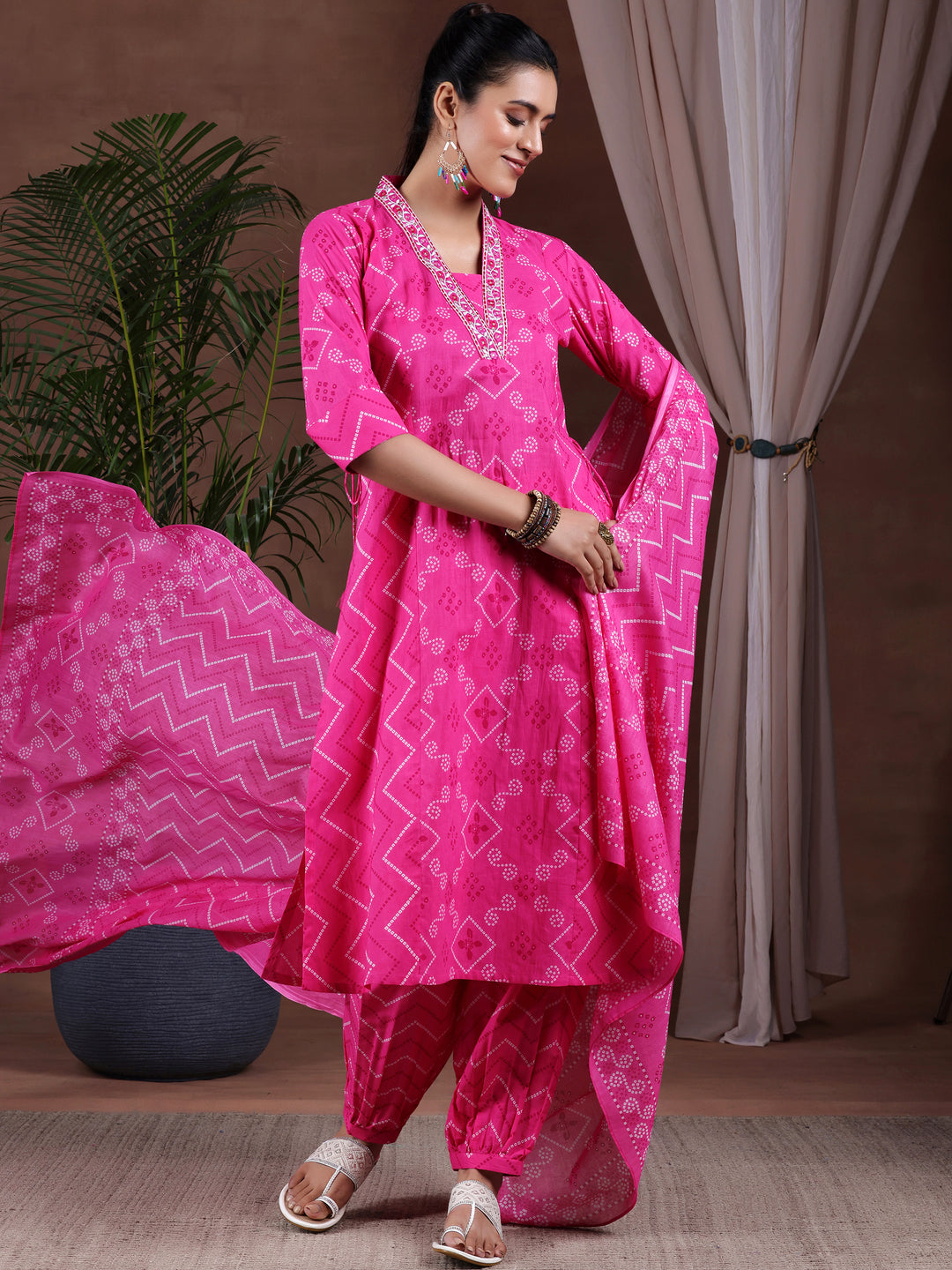 Pink Printed Cotton A-Line Kurta With Salwar & Dupatta