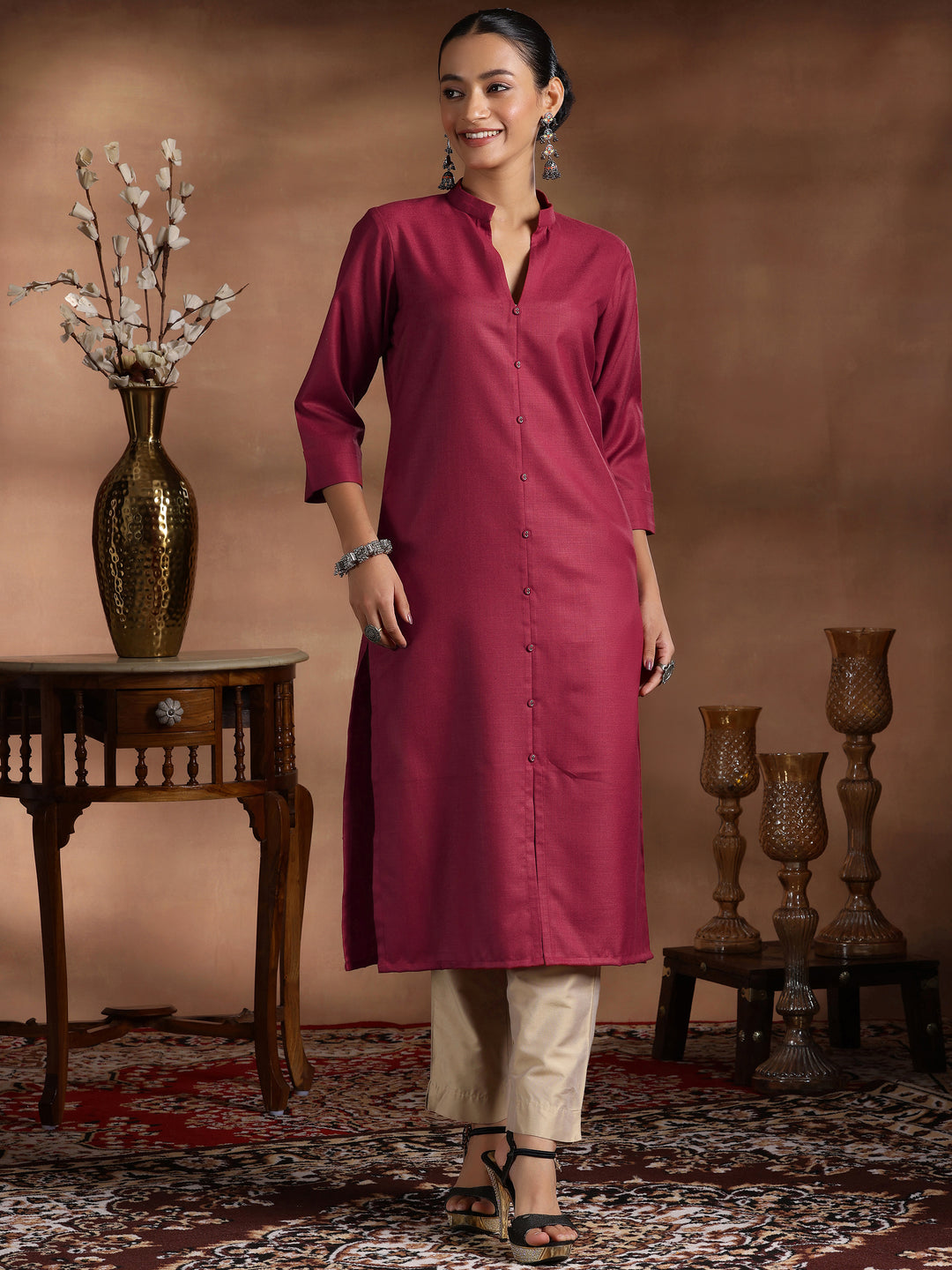 Maroon Solid Silk Straight Kurta