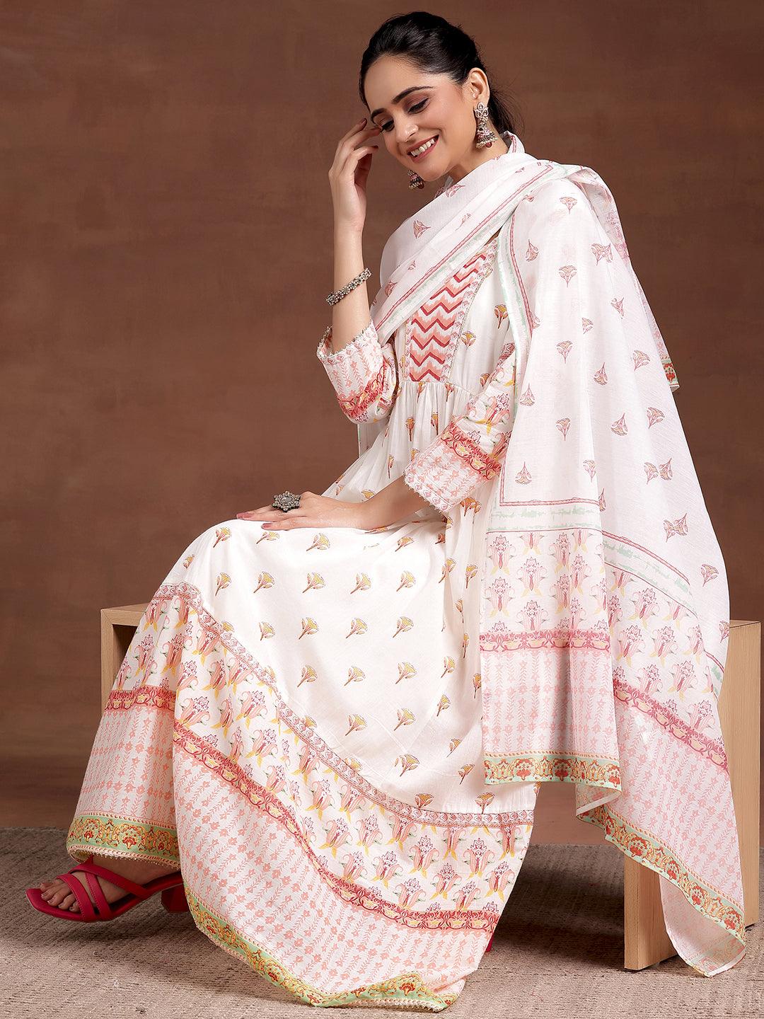 Off White Printed Cotton Anarkali Suit With Dupatta - Libas 