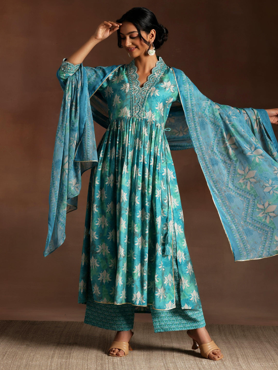 Blue Printed Silk Blend A-Line Kurta With Palazzos & Dupatta - Libas 