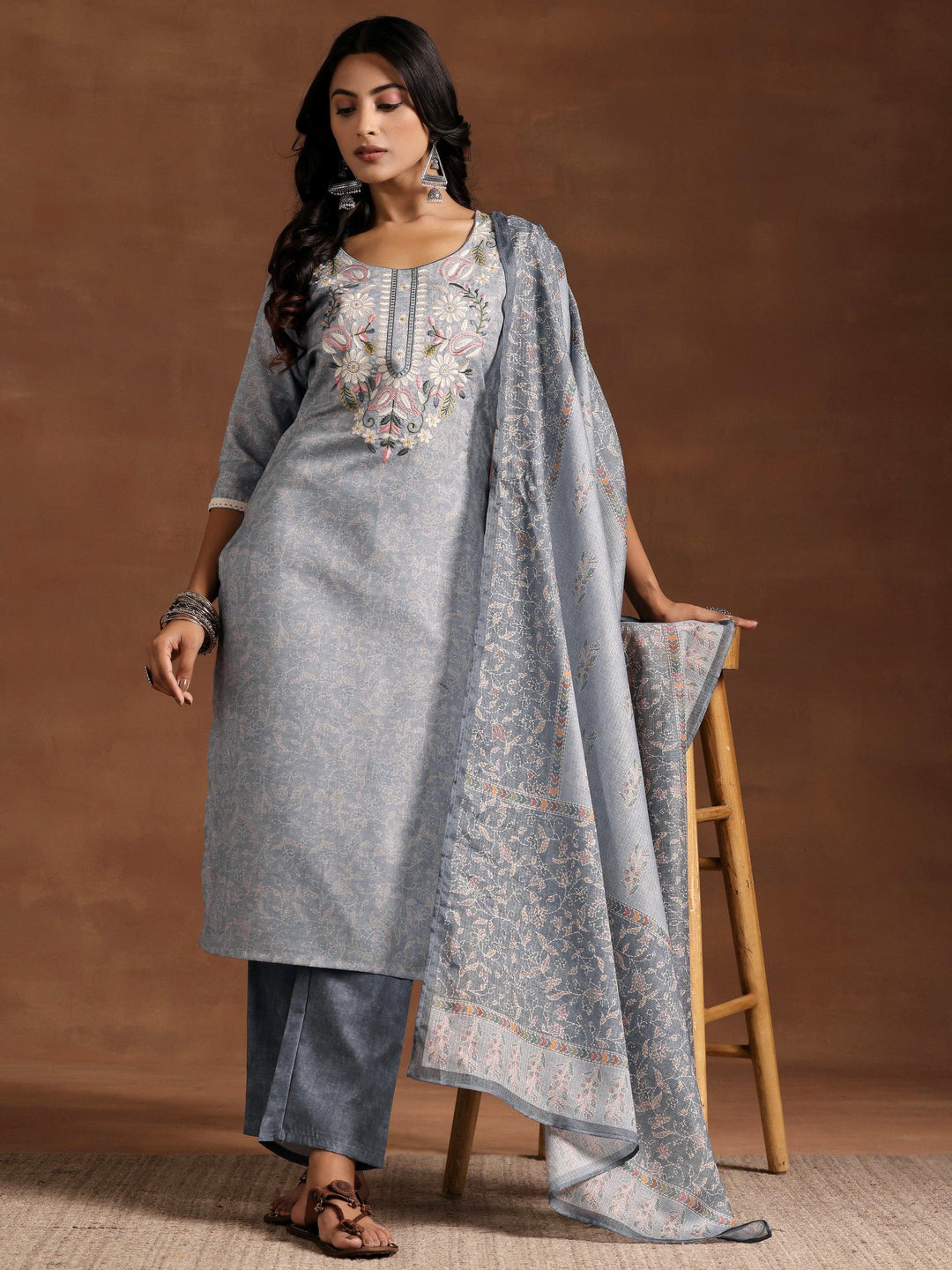 Grey Yoke Design Cotton Straight Suit With Dupatta - Libas