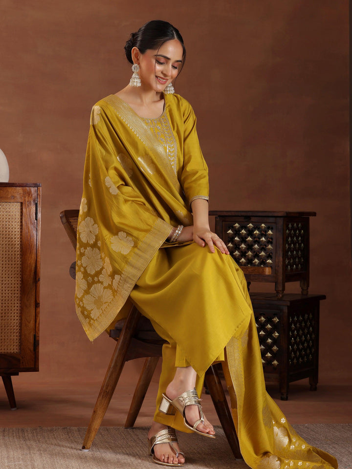 Mustard Yoke Design Silk Blend Straight Suit With Dupatta - Libas