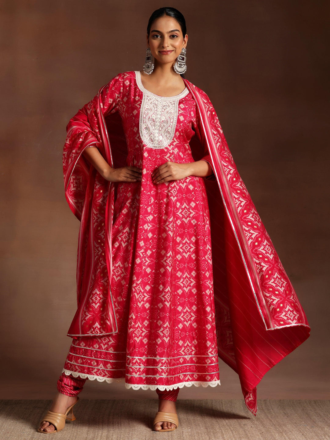 Pink Printed Silk Blend Anarkali Suit With Dupatta - Libas