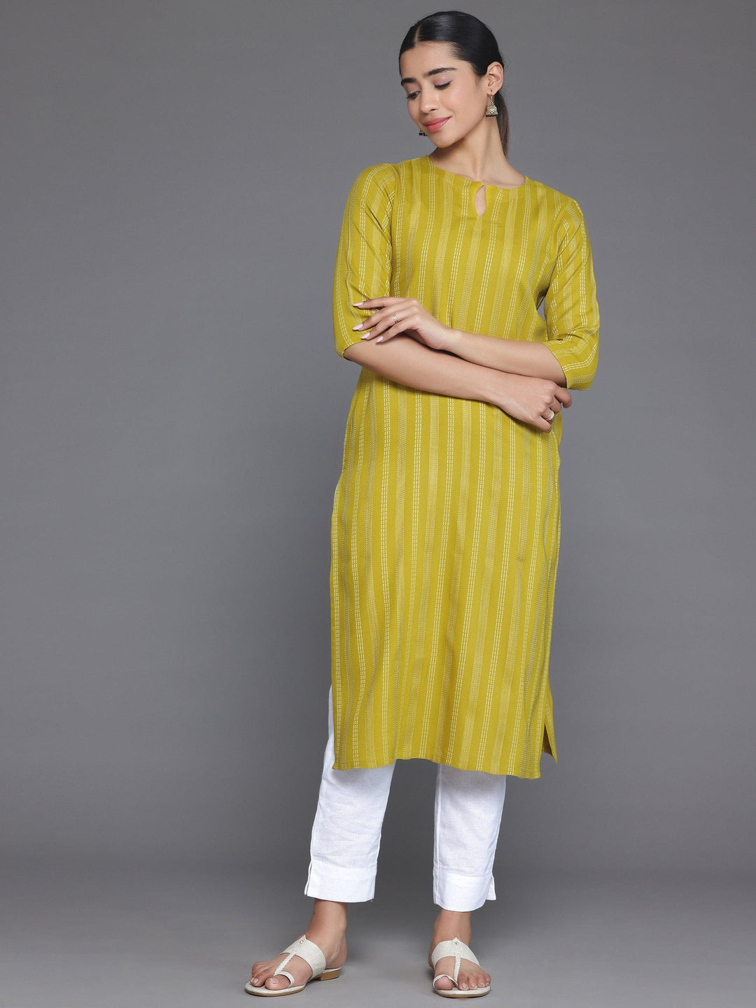 Mustard Striped Rayon Straight Kurta - Libas