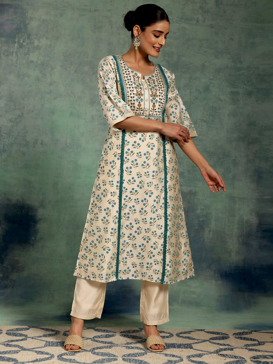 Beige Printed Chanderi Silk A-Line Kurta With Palazzos - Libas 