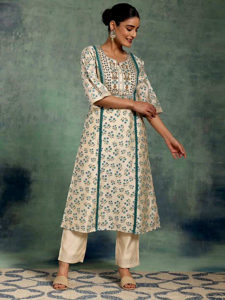 Beige Printed Chanderi Silk A-Line Kurta With Palazzos - Libas