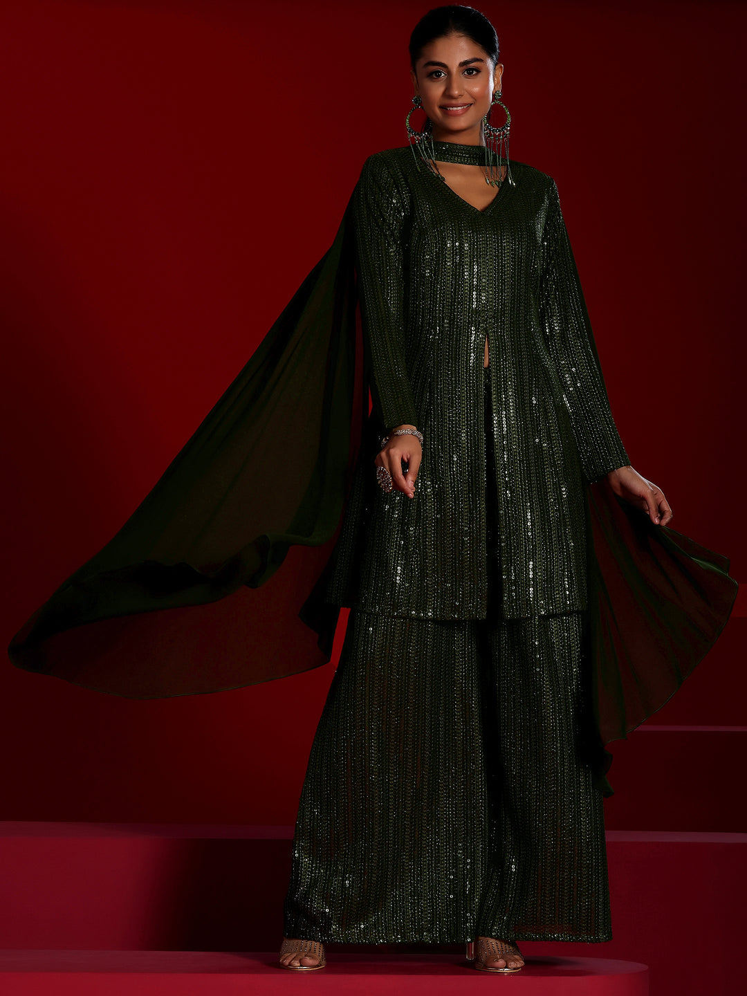  Zaayra Libas Art Olive Embroidered Georgette A-Line Kurta With Palazzos & Dupatta 