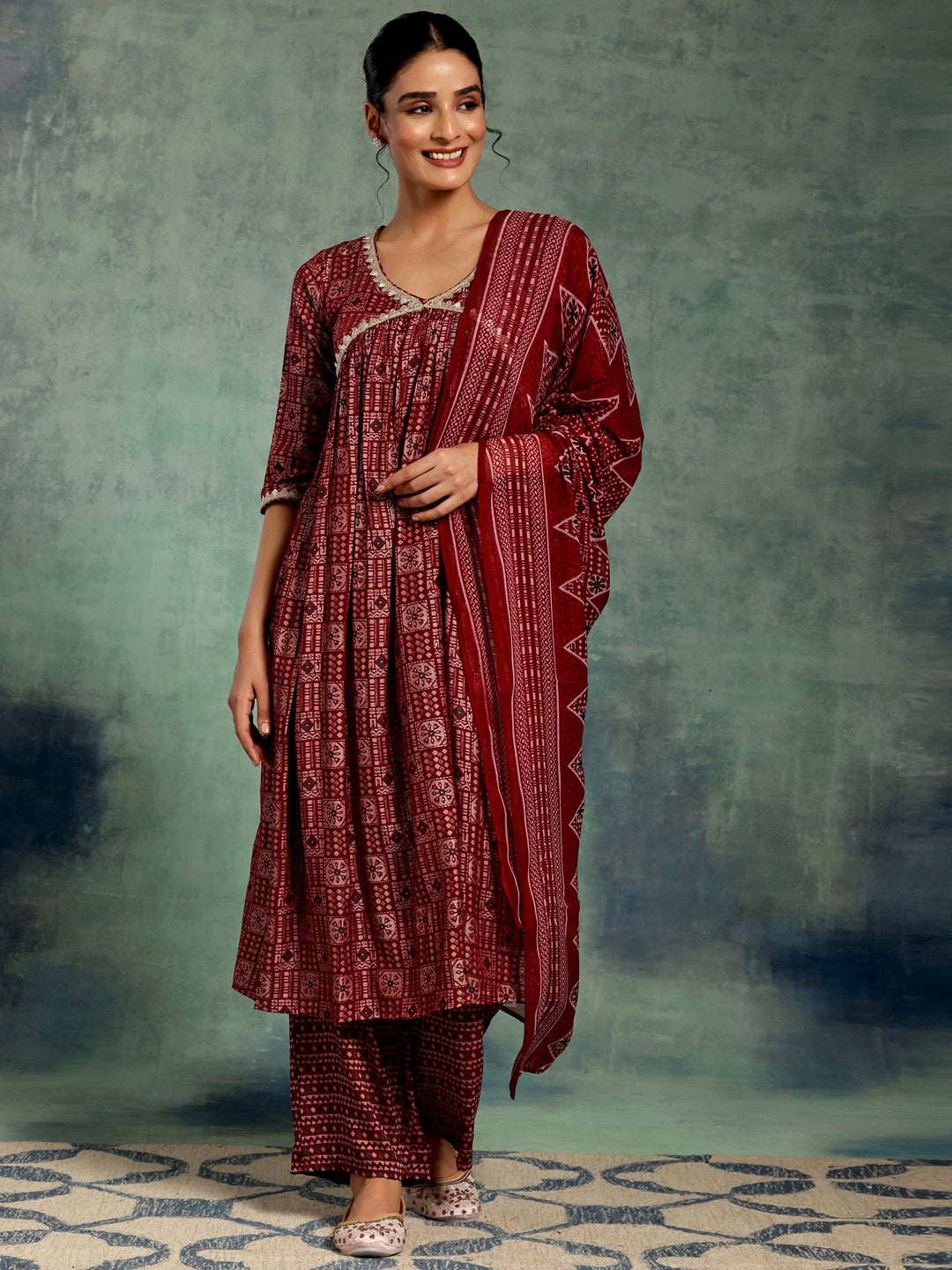 Maroon Printed Silk Blend A-Line Kurta With Palazzos & Dupatta - Libas