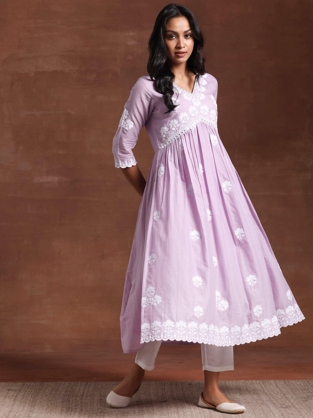 Lavender Embroidered Cotton A-Line Kurta - Libas 