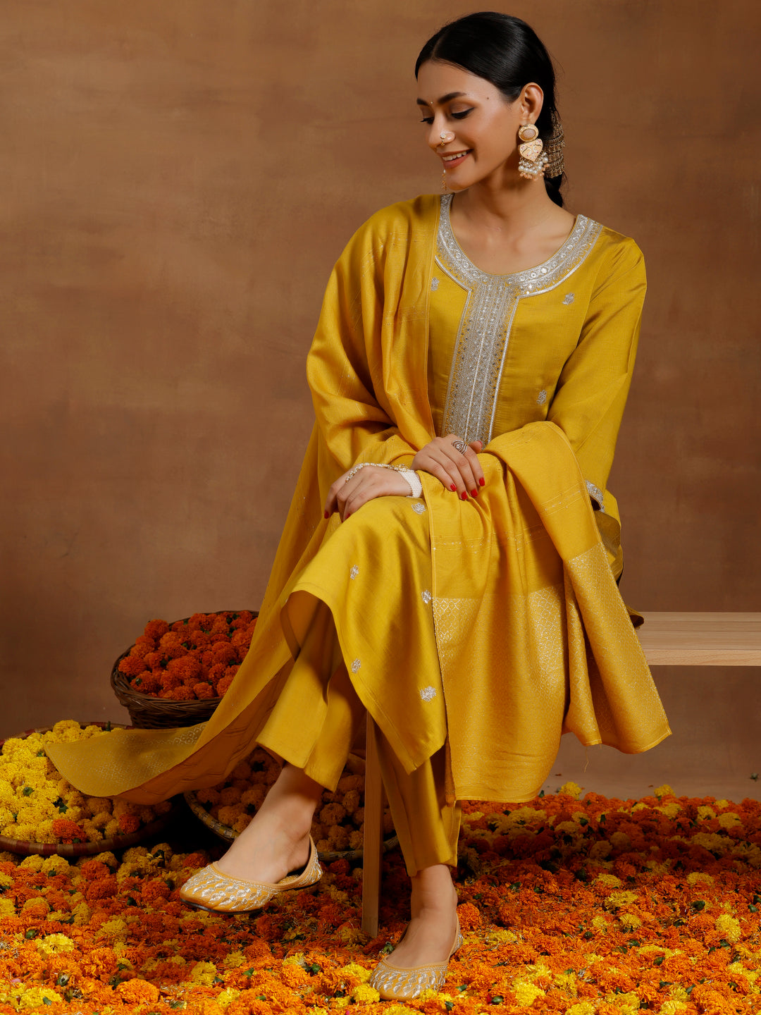  Mustard Embroidered Silk Blend Straight Suit With Dupatta 