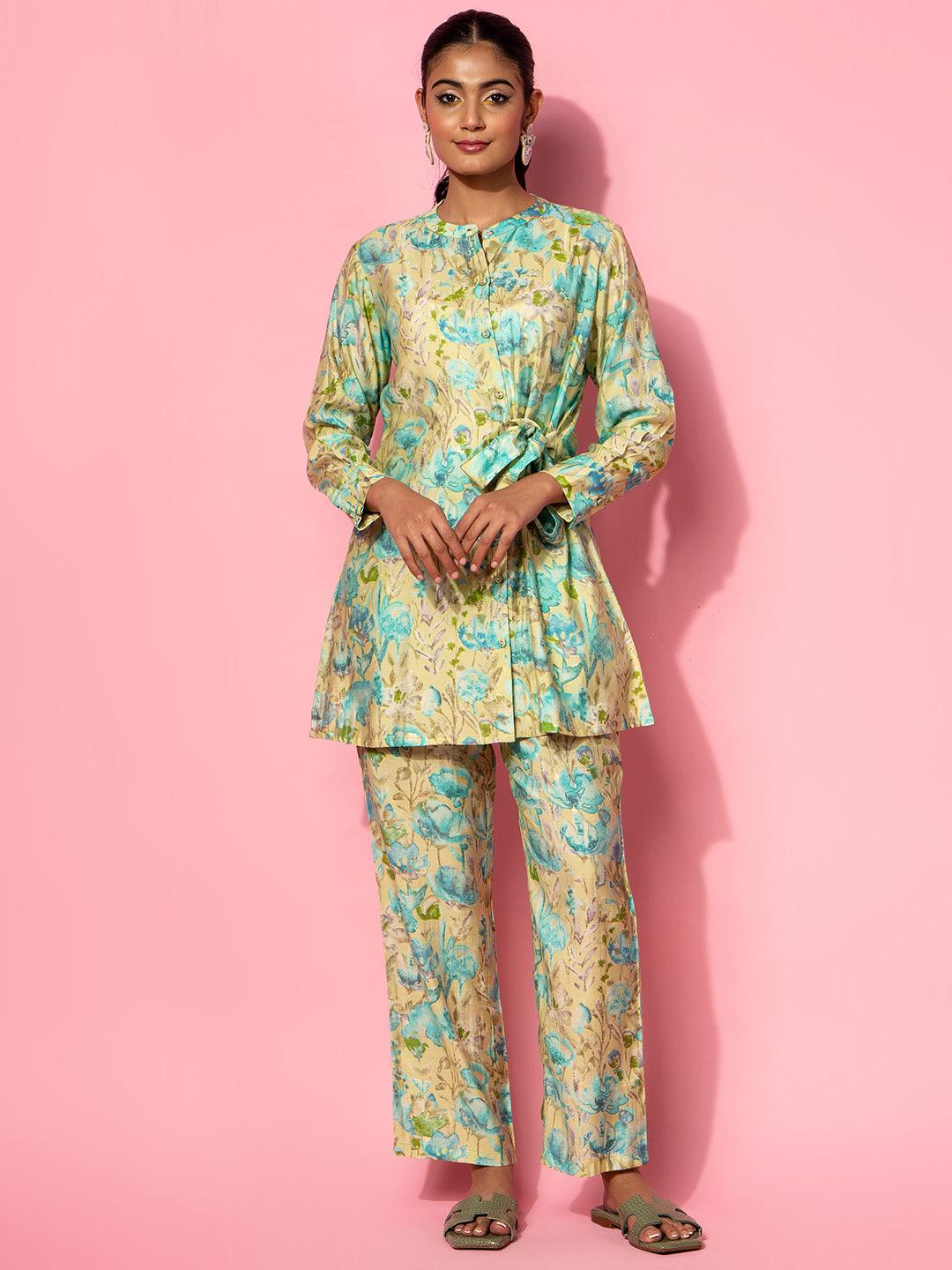 Green Printed Silk Blend Co-Ords - Libas 