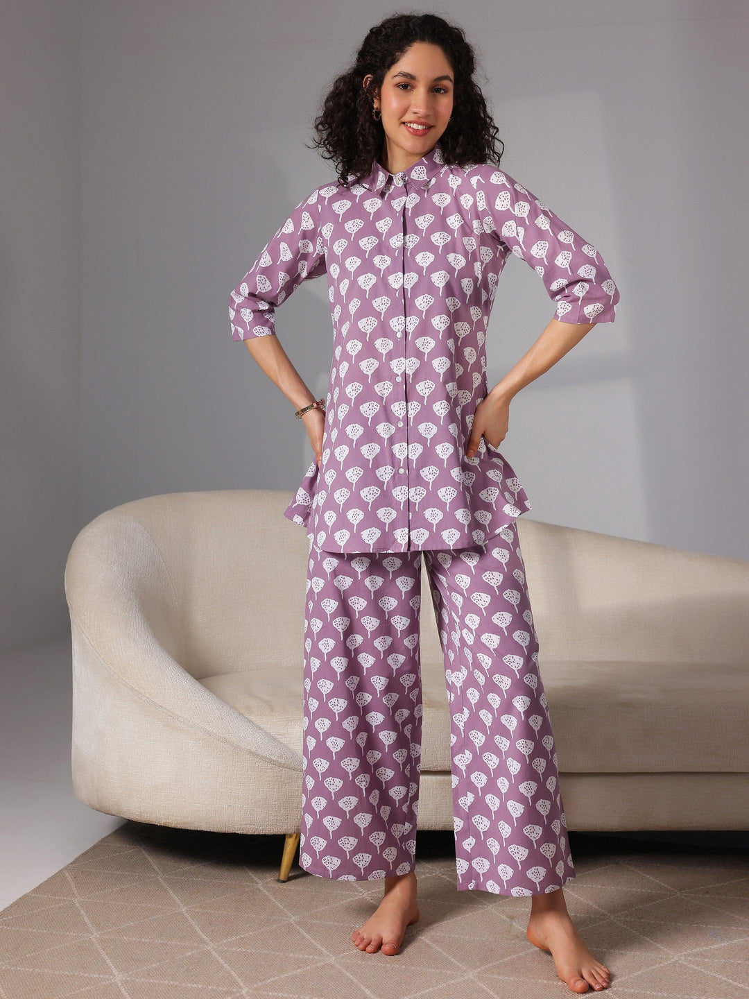 Purple Printed Cotton Night Suits - Libas