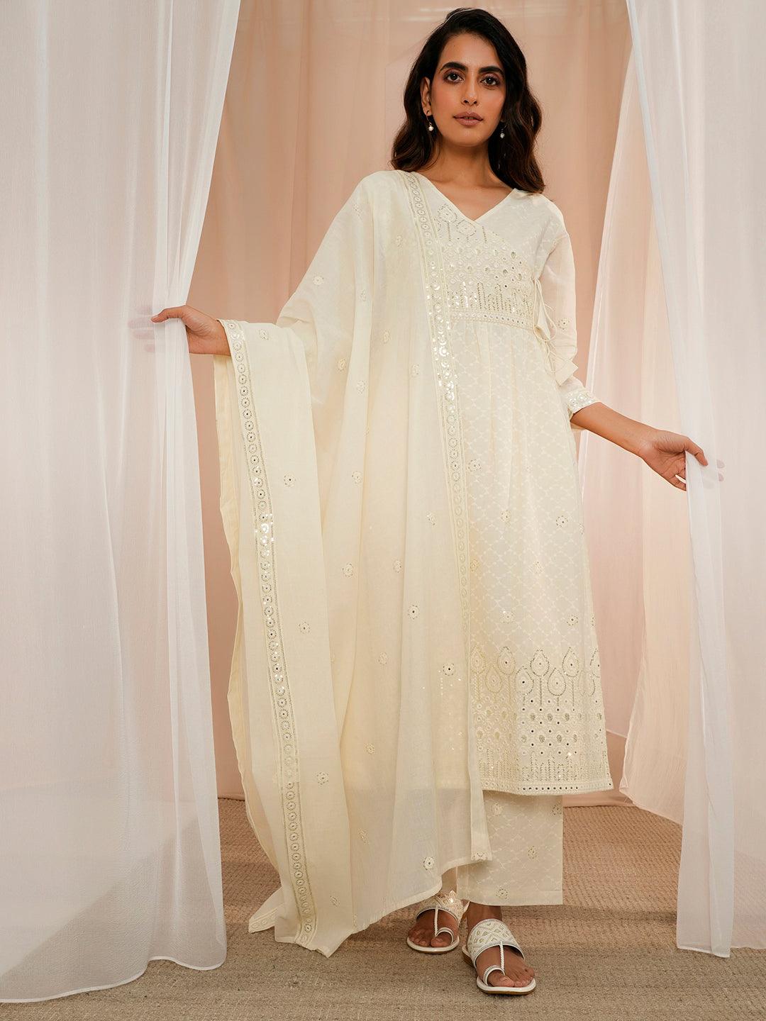 Off White Embroidered Cotton A-Line Kurta With Trousers & Dupatta - Libas 