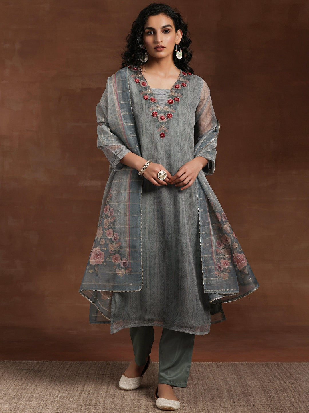 Green Printed Organza Straight Suit With Dupatta - Libas 