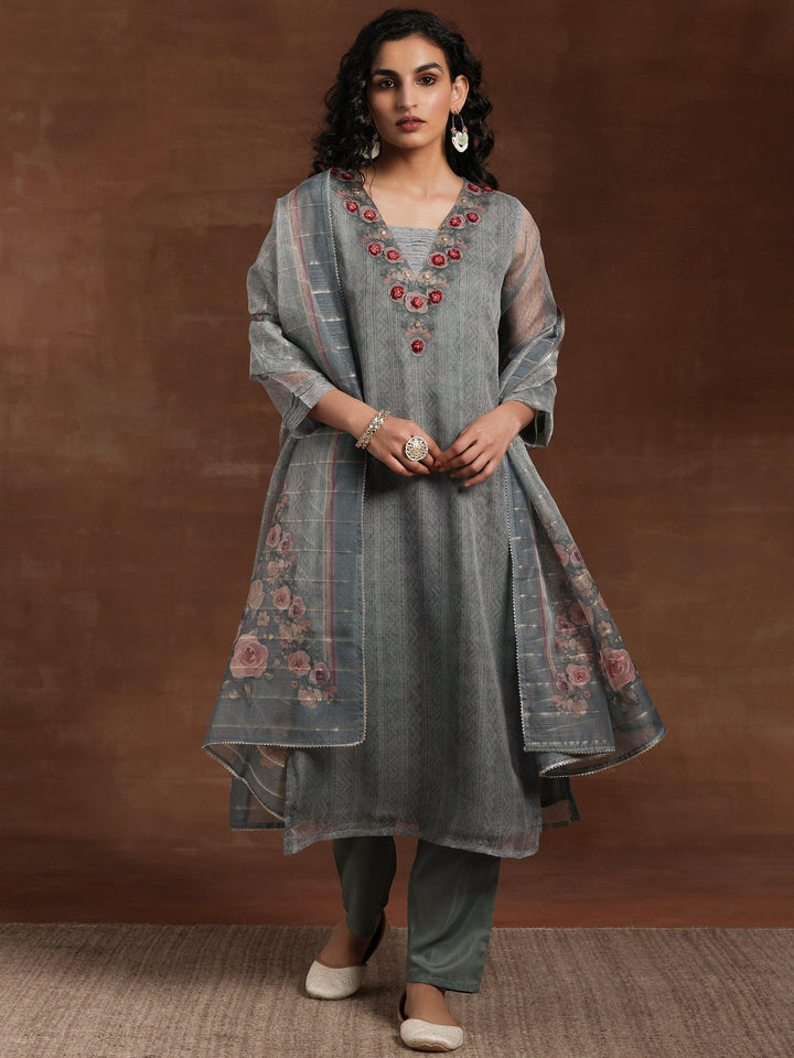 Green Printed Organza Straight Suit With Dupatta - Libas