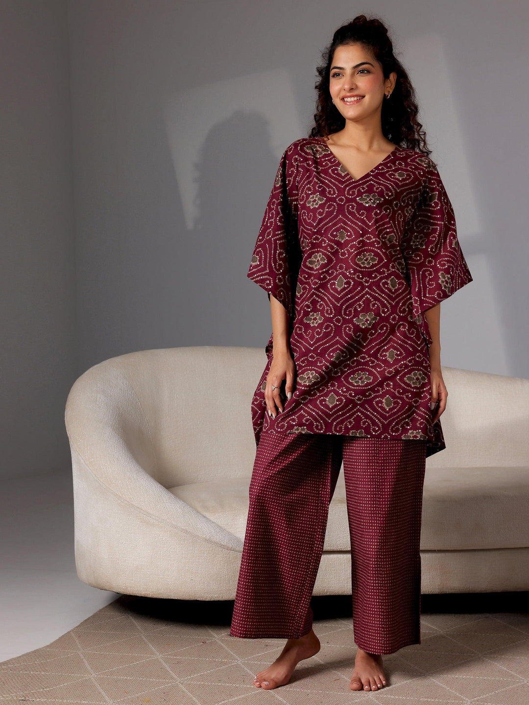 Wine Printed Cotton Night Suits - Libas 