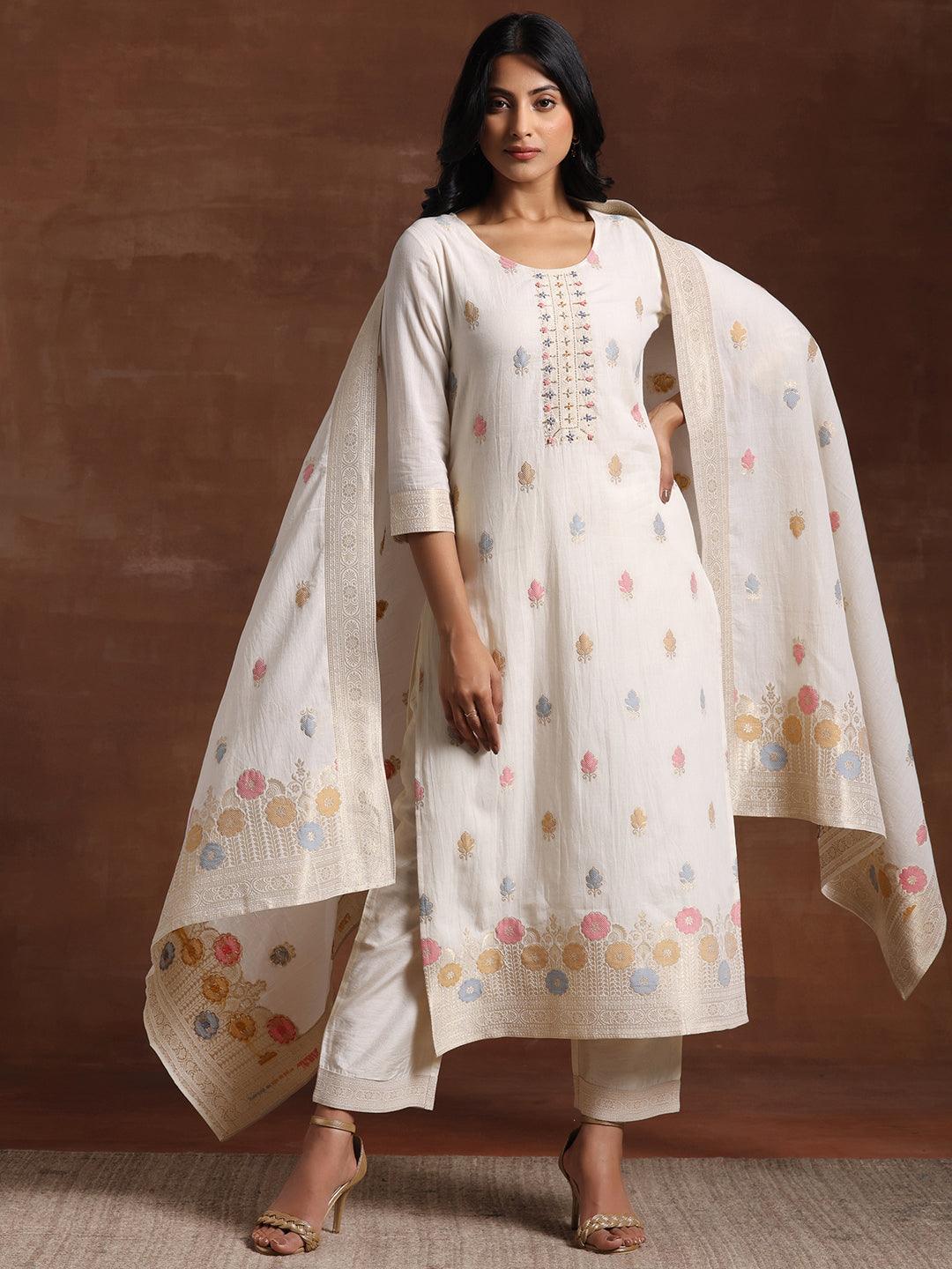 Off White Woven Design Cotton Straight Suit With Dupatta - Libas