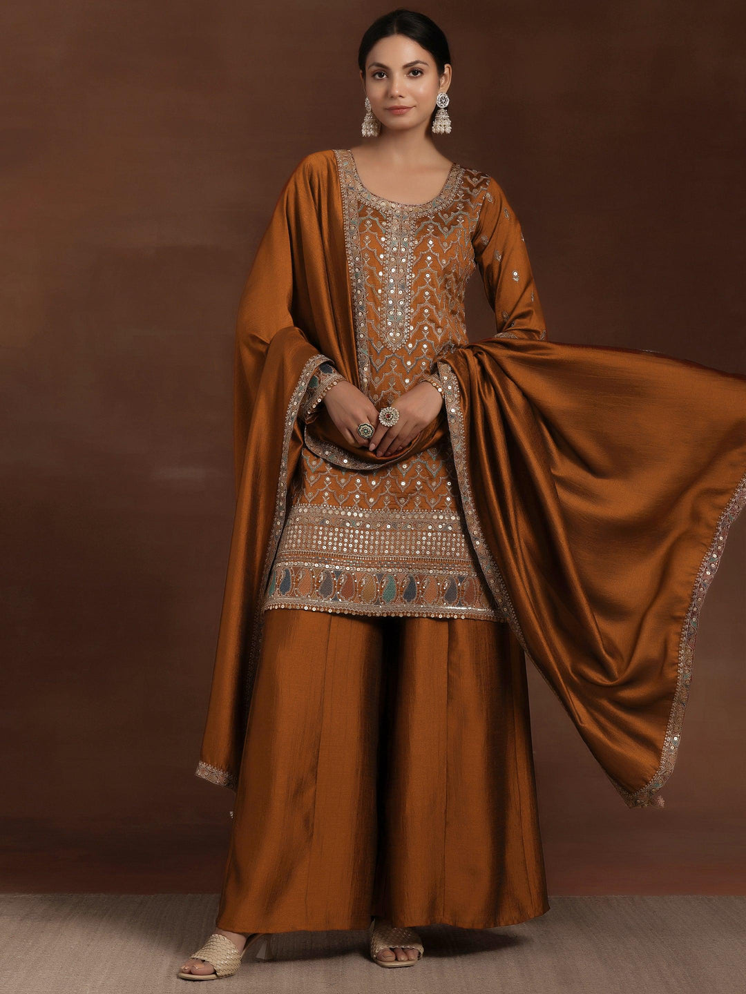 Rust Embroidered Silk Blend Straight Kurta With Palazzos & Dupatta - Libas