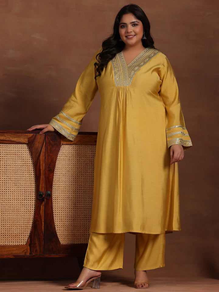 Plus Size Yellow Yoke Design Silk Blend A-Line Kurta With Trousers - Libas