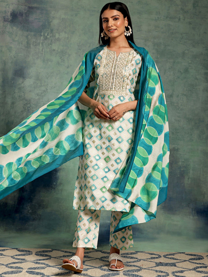 Off White Printed Silk Blend Straight Suit With Dupatta - Libas