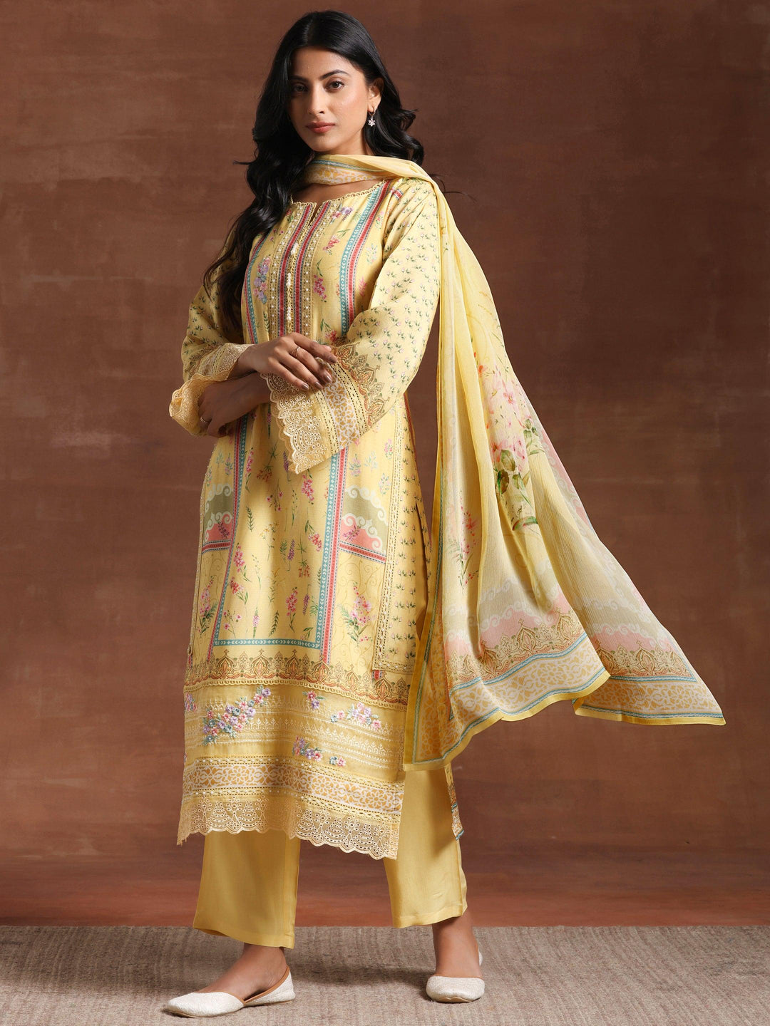 Yellow Printed Silk Blend Straight Suit With Dupatta - Libas 