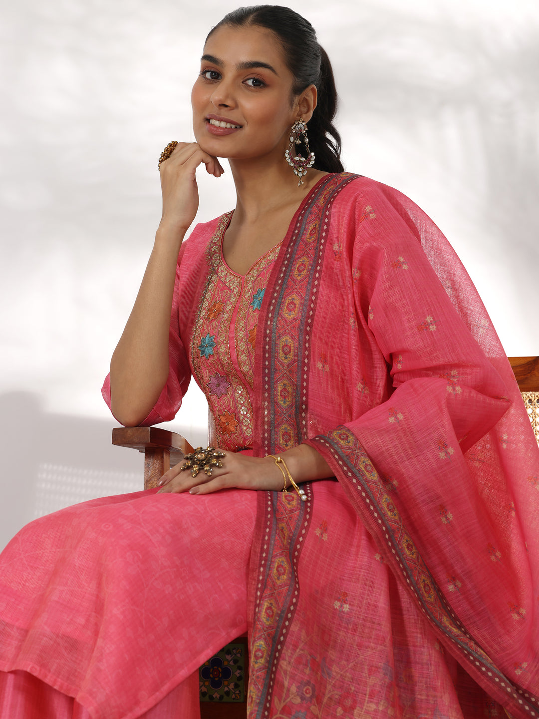  Pink Yoke Design Silk Blend Straight Suit With Dupatta 