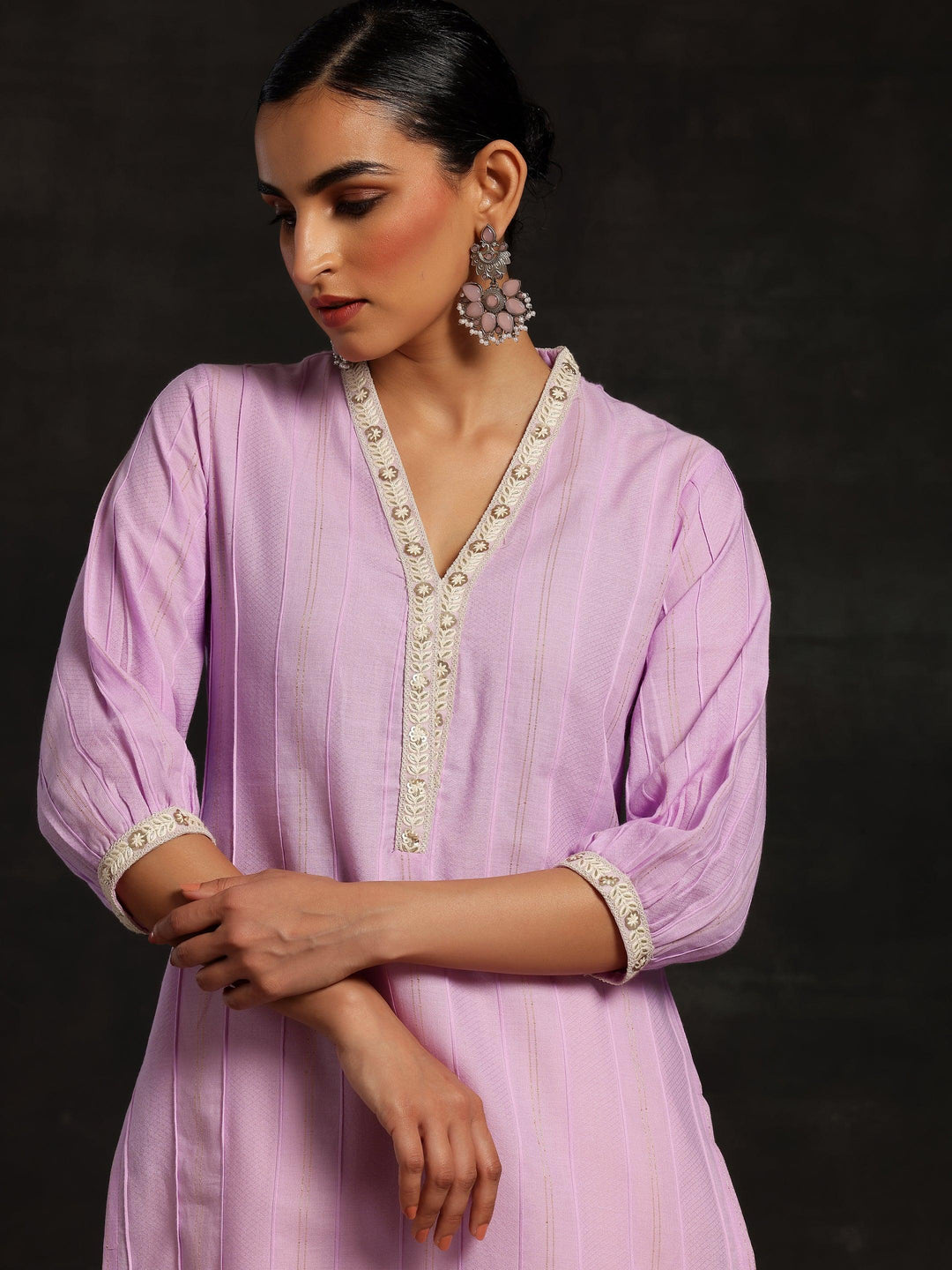 Purple Woven Design Cotton Straight Kurta - Libas 