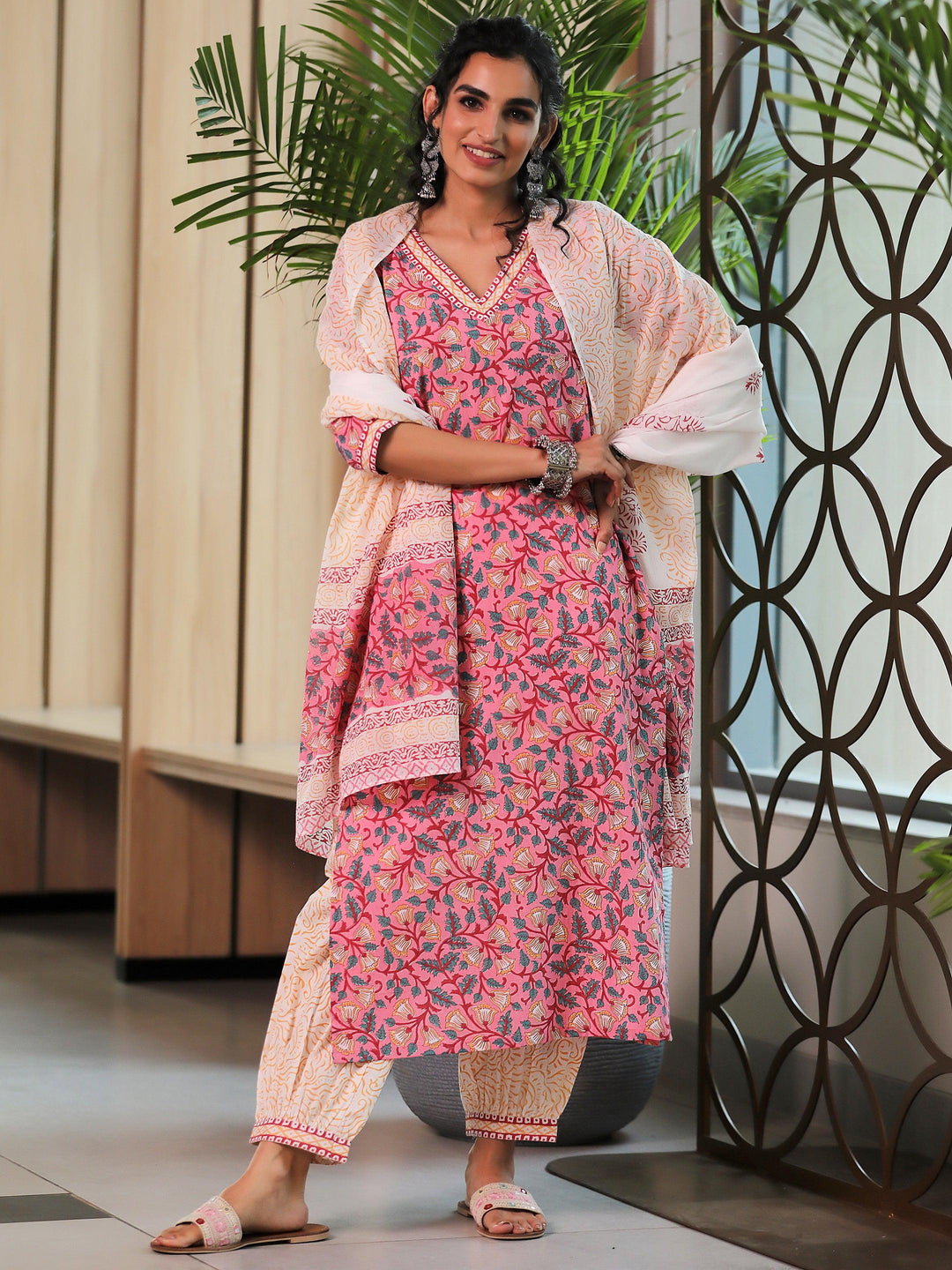 Pink Printed Cotton Straight Suit With Dupatta - Libas 