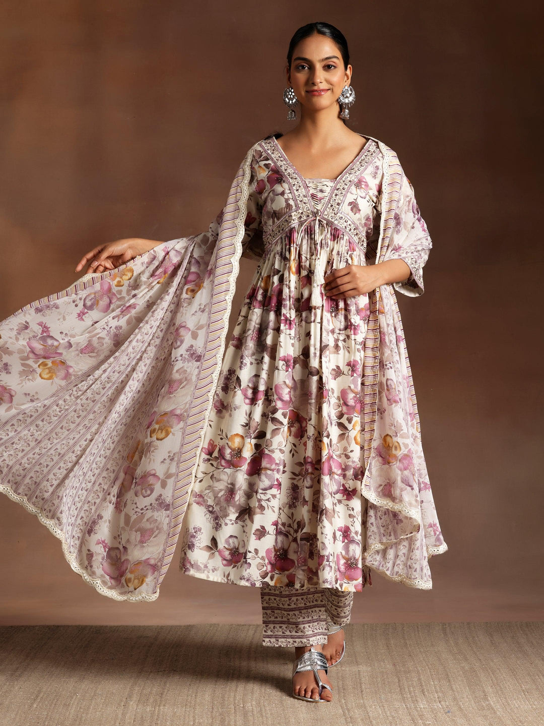 Hoor Burgundy Printed Silk Blend A-Line Kurta With Palazzos & Dupatta - Libas 