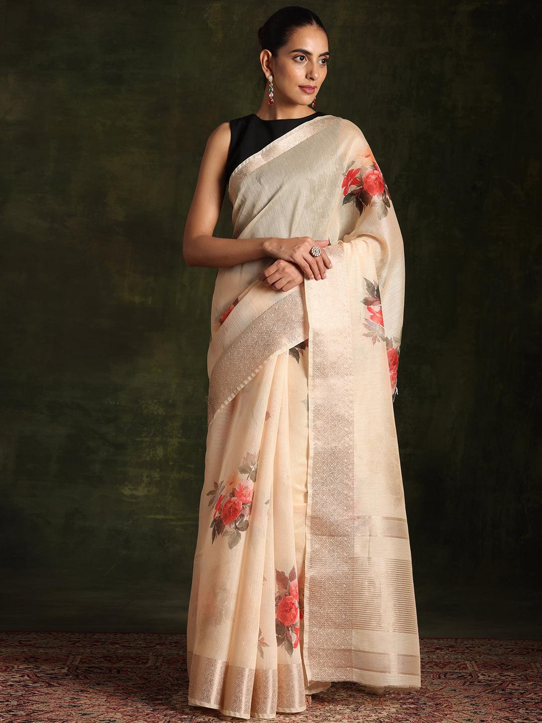 Yellow Printed Silk Blend Saree With Unstitched Blouse Piece - Libas