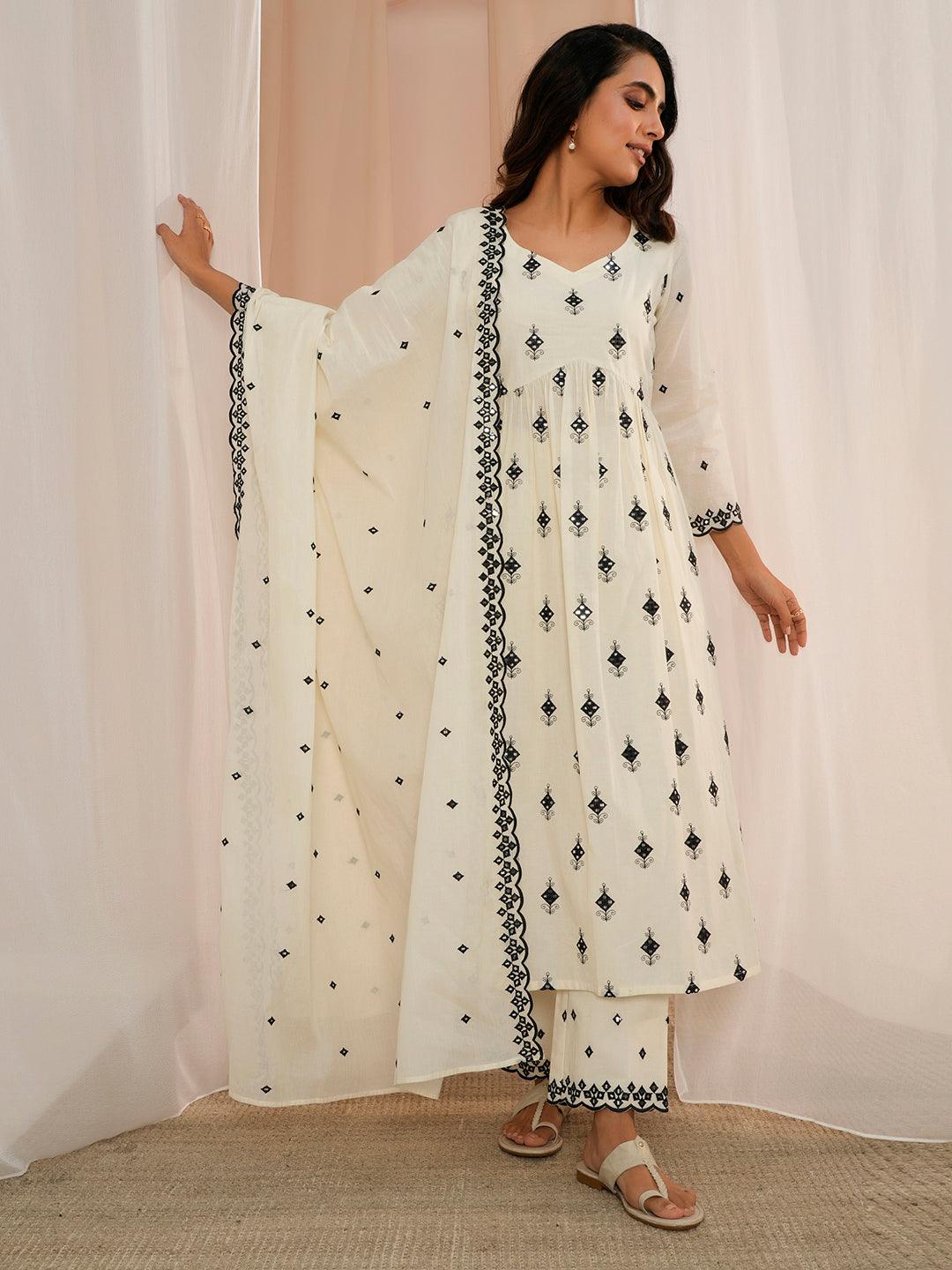 Off White Embroidered Cotton Anarkali Suit With Dupatta - Libas 