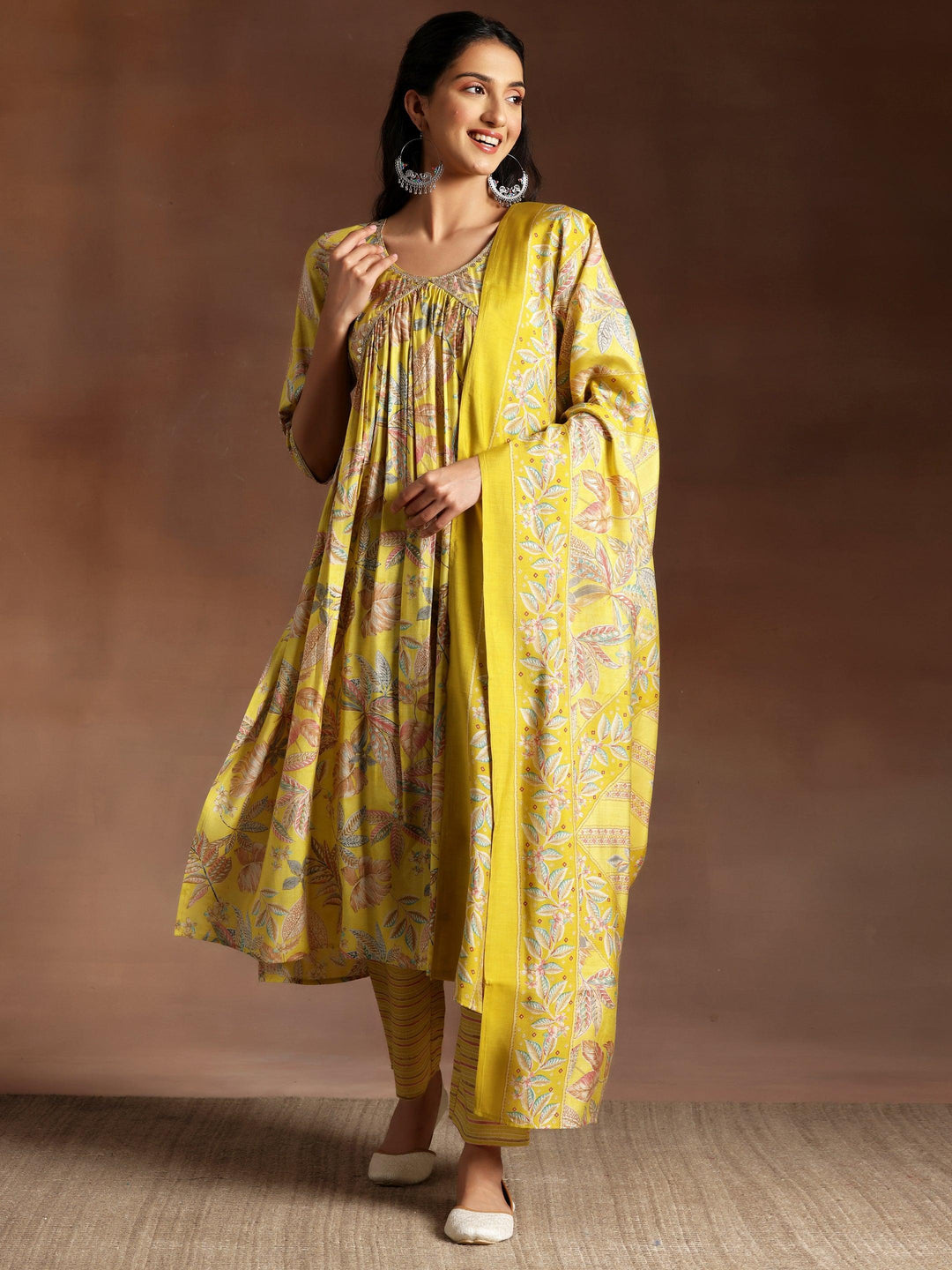 Aashna Mustard Printed Silk Blend A-Line Kurta With Palazzos & Dupatta - Libas 