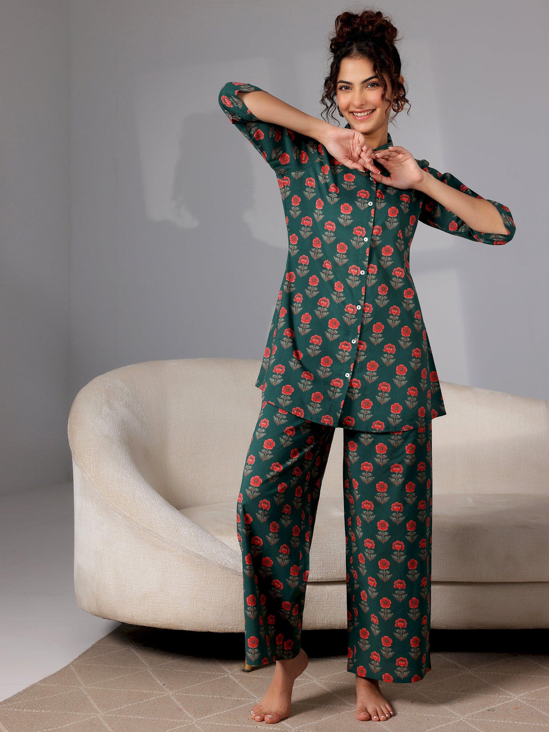 Green Printed Cotton Night Suits - Libas